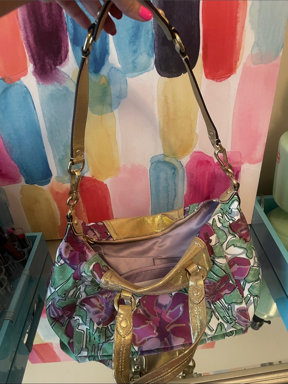 Coach Floral Canvas Satchel with Gold Leather Trim - Picture 10 of 10